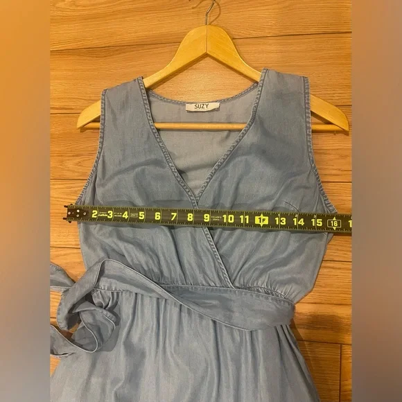 Suzy Shier Blue Sleeveless Dress small belted denim look - Picture 7 of 9
